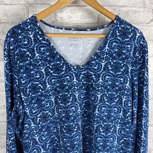 Talbots Popover Knit Tee Top 1x Blue White Long Sleeve V Neck Cotton Stretch